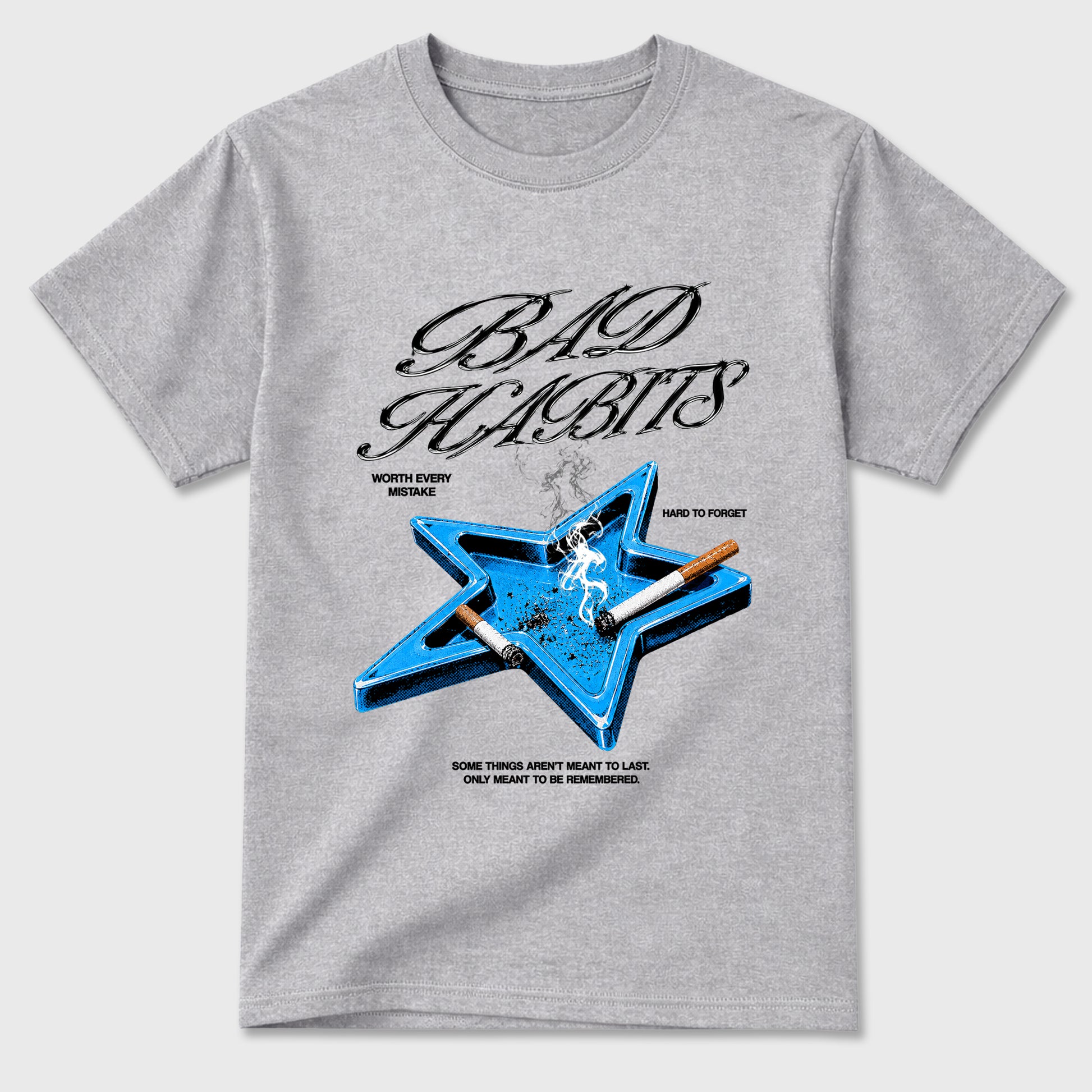 Bad Habits Graphic T-Shirt sneaker match tee designed for the Air Jordan 5 Black University Blue, featuring coordinated color options for a perfect streetwear match. Heather Grey 2 shirt.