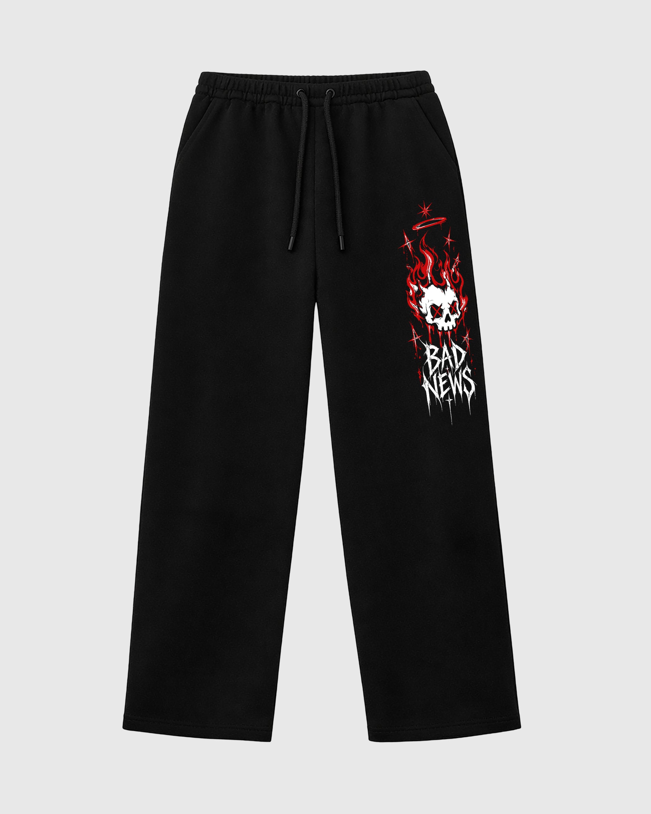 Bad News graphic wide cut sweatpants designed to match the Air Jordan 5 Halloween, featuring coordinated Black 1 options for a perfect streetwear vibe.