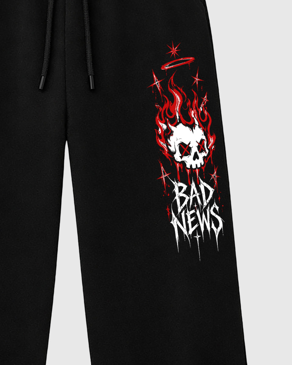 Bad News graphic wide cut sweatpants designed to match the Air Jordan 5 Halloween, featuring coordinated Black 2 options for a perfect streetwear vibe.