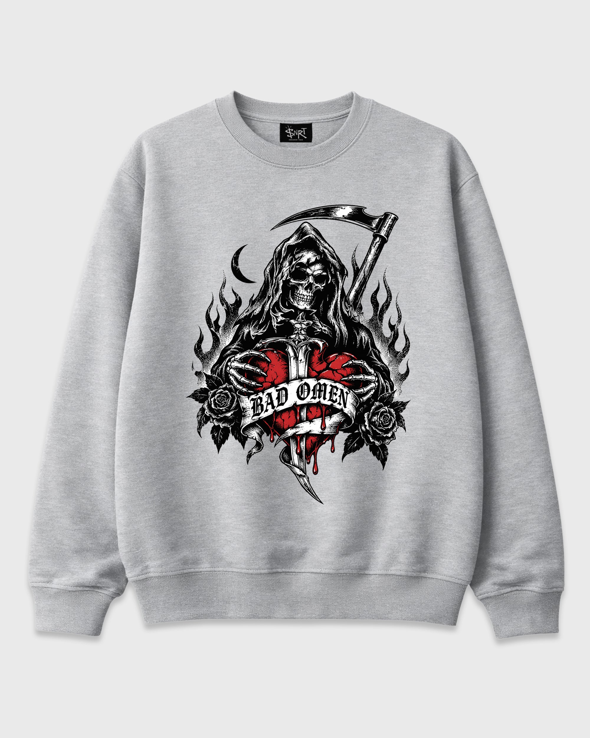 Bad Omen Graphic T-Shirt featuring original streetwear artwork designed to match the Halloween. Heather Grey 1 Graphic Tee.