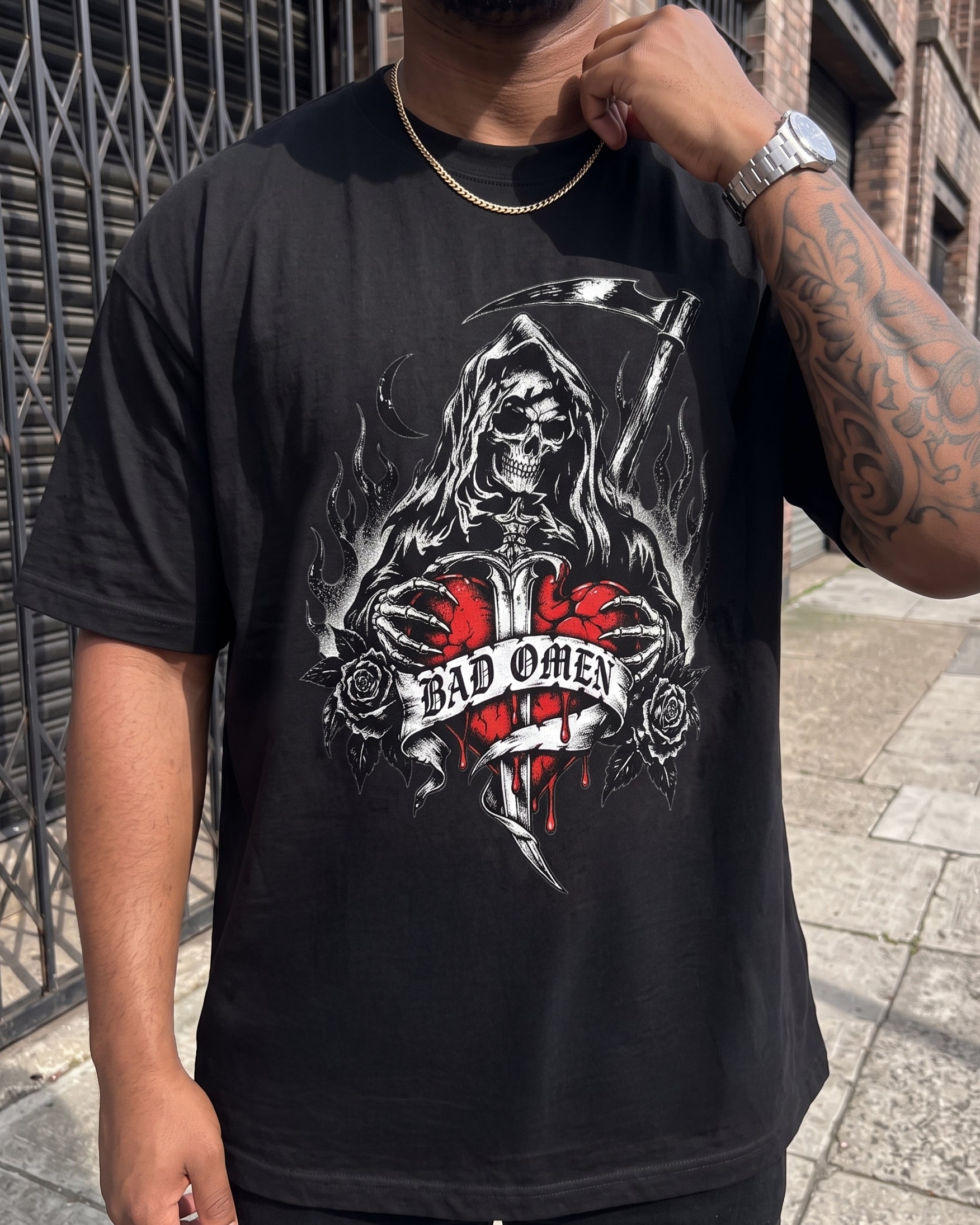 Bad Omen Graphic T-Shirt featuring original streetwear artwork designed to match the Halloween. Black 1 Graphic T-Shirt.