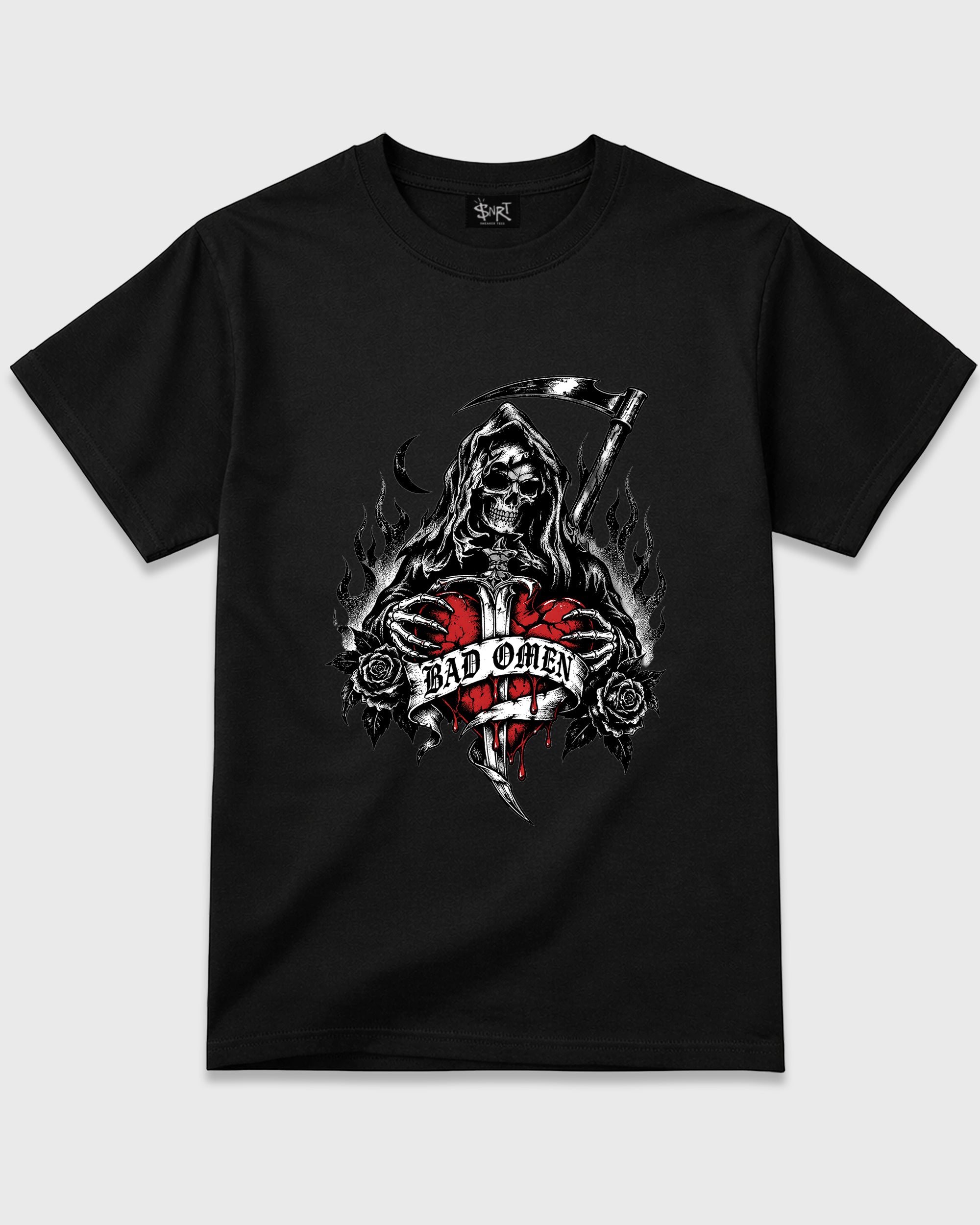 Bad Omen Graphic T-Shirt featuring original streetwear artwork designed to match the Halloween. Black 2 Graphic T-Shirt.