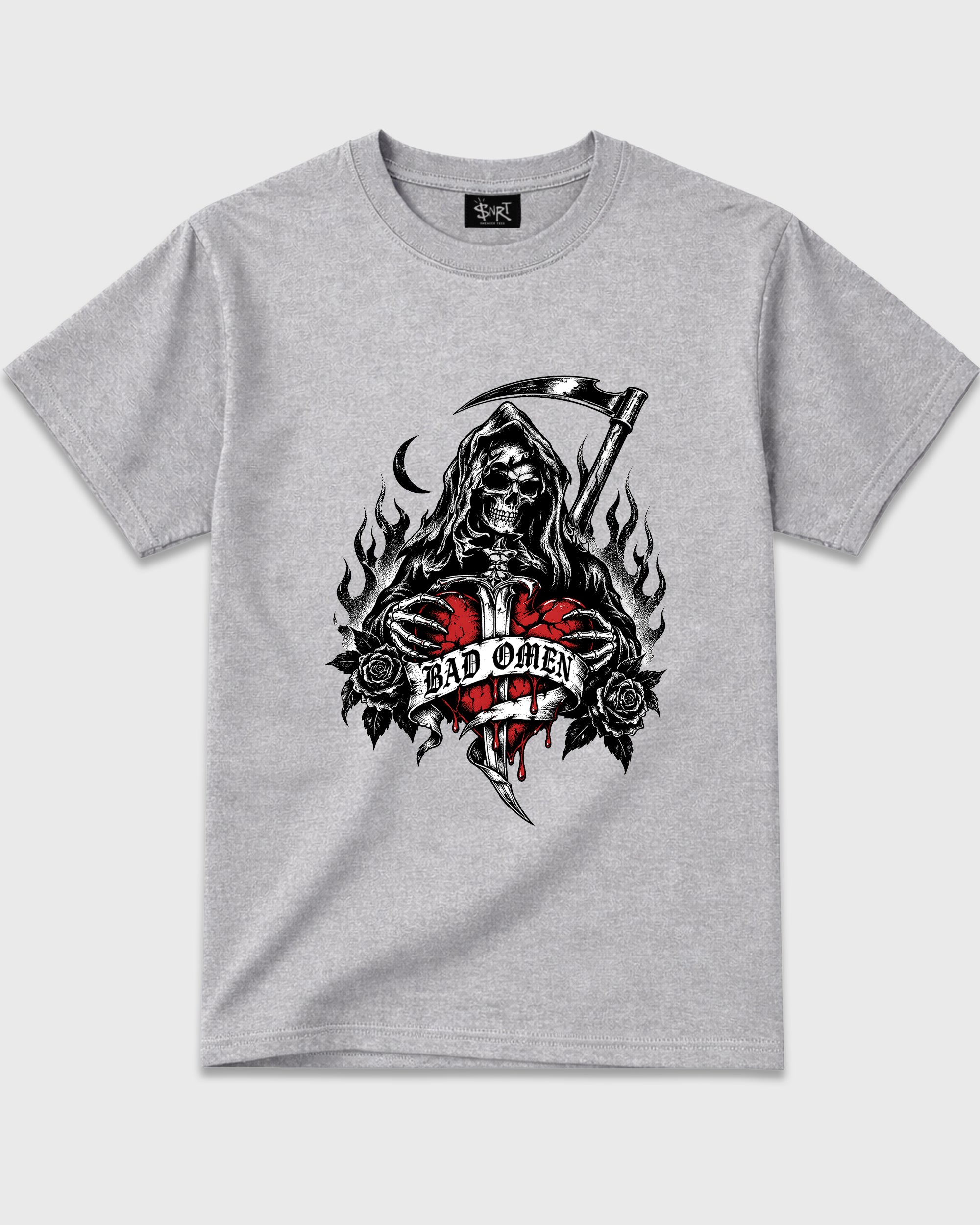 Bad Omen Graphic T-Shirt featuring original streetwear artwork designed to match the Halloween. Heather Grey 1 Graphic T-Shirt.