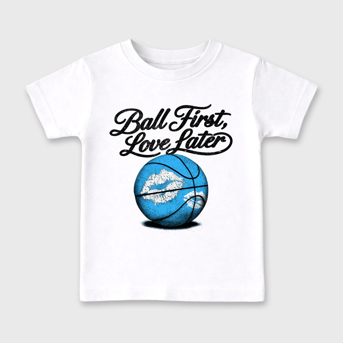 Best Sneakerfit Graphic Tee. Graphic Outfits. Sneaker Tees To Match Air Foamposite Pro University Blue Sneakers – Ball First Kiss Later Kids T-Shirt White 2