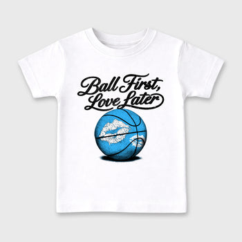 Best Sneakerfit Graphic Tee. Graphic Outfits. Sneaker Tees To Match Air Foamposite Pro University Blue Sneakers – Ball First Kiss Later Kids T-Shirt White 2