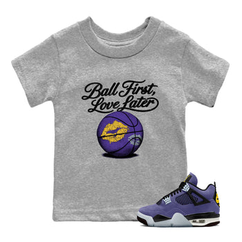 Sneaker match tees – Sneaker Tees To Match Air Jordan 4 Lakeshow Shoes – Ball First Kiss Later Kids T-Shirt Heather Grey 1