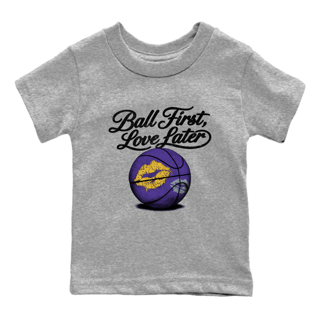 Sneaker match tees – Sneaker Tees To Match Air Jordan 4 Lakeshow Shoes – Ball First Kiss Later Kids T-Shirt Heather Grey 2