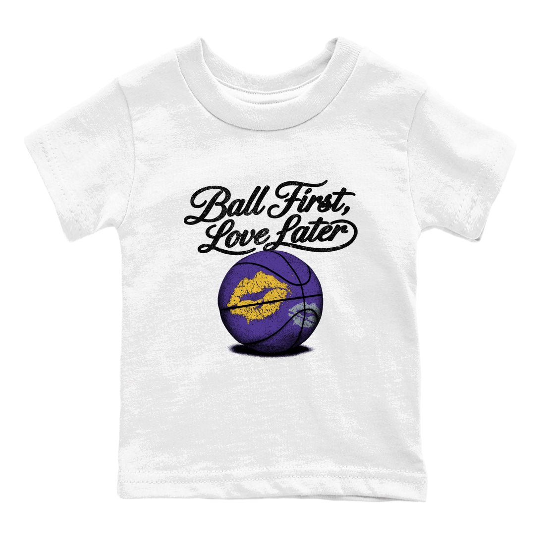 Sneaker match tees – Sneaker Tees To Match Air Jordan 4 Lakeshow Shoes – Ball First Kiss Later Kids T-Shirt White 2