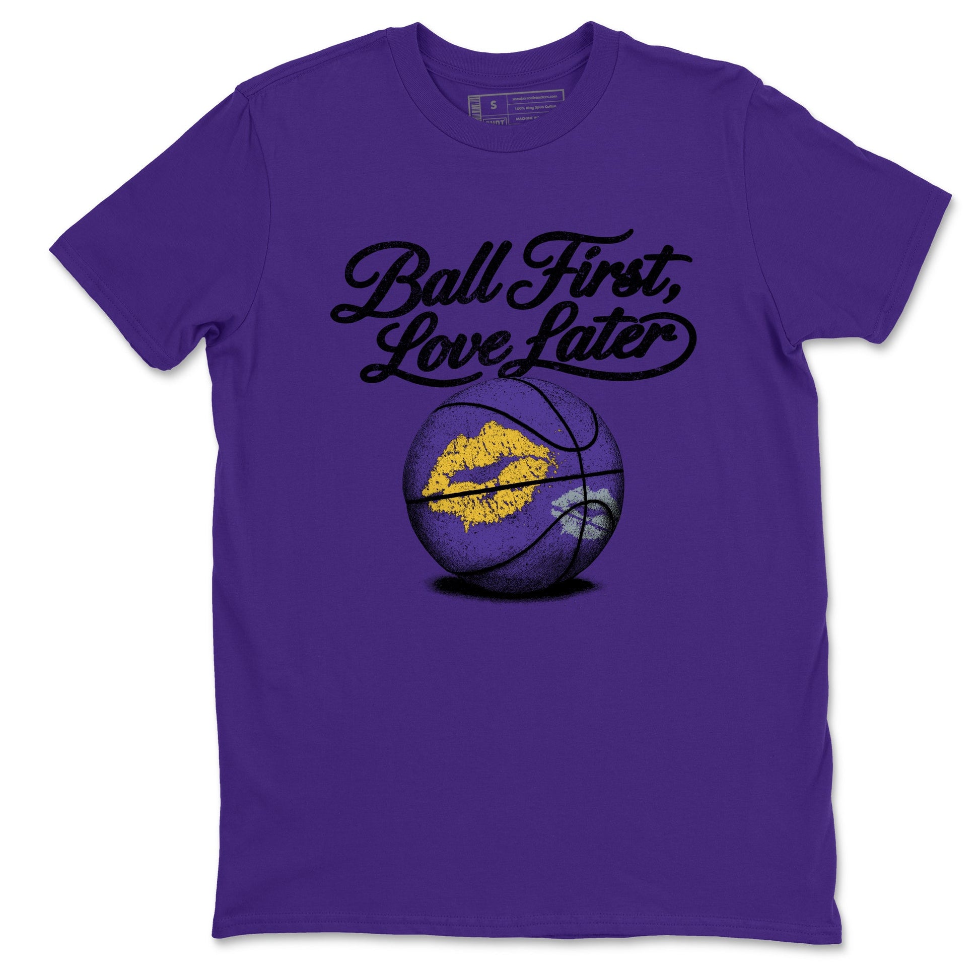 Sneaker match tees – Sneaker Tees To Match Air Jordan 4 Lakeshow Shoes – Ball First Kiss Later Tee Purple 2