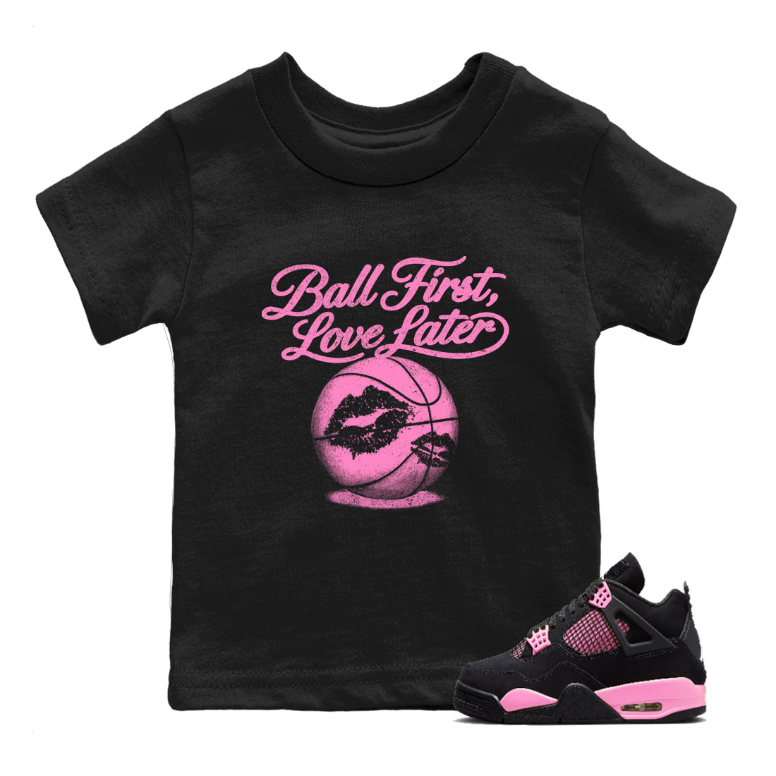 Perfect Valentine's Day Gifts graphic tee  – Sneaker Tees To Match Air Jordan 4 Pink Thunder – Ball First Kiss Later Kids Graphic T-Shirt Black 1
