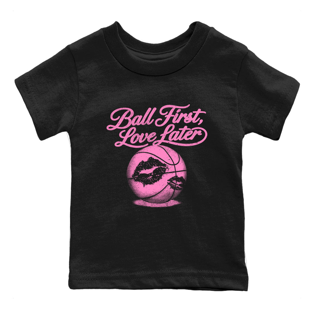 Perfect Valentine's Day Gifts graphic tee  – Sneaker Tees To Match Air Jordan 4 Pink Thunder – Ball First Kiss Later Kids Graphic T-Shirt Black 2