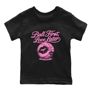 Perfect Valentine's Day Gifts graphic tee  – Sneaker Tees To Match Air Jordan 4 Pink Thunder – Ball First Kiss Later Kids Graphic T-Shirt Black 2