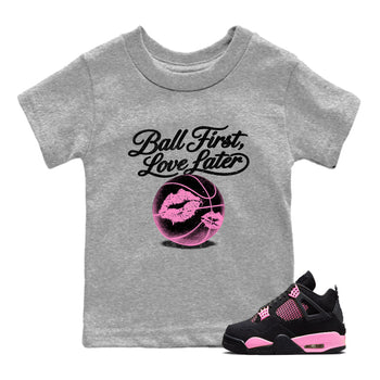 Perfect Valentine's Day Gifts graphic tee  – Sneaker Tees To Match Air Jordan 4 Pink Thunder – Ball First Kiss Later Kids Graphic T-Shirt Heather Grey 1
