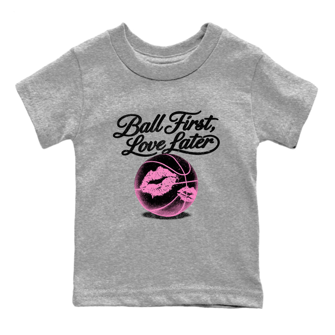 Perfect Valentine's Day Gifts graphic tee  – Sneaker Tees To Match Air Jordan 4 Pink Thunder – Ball First Kiss Later Kids Graphic T-Shirt Heather Grey 2