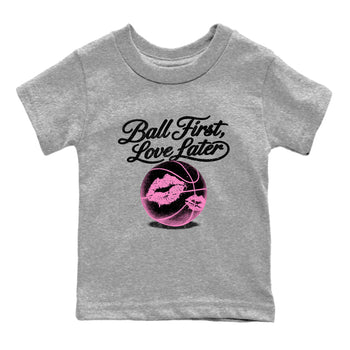 Perfect Valentine's Day Gifts graphic tee  – Sneaker Tees To Match Air Jordan 4 Pink Thunder – Ball First Kiss Later Kids Graphic T-Shirt Heather Grey 2