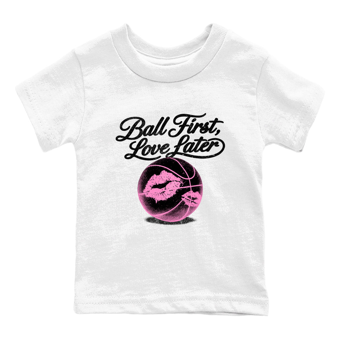 Perfect Valentine's Day Gifts graphic tee  – Sneaker Tees To Match Air Jordan 4 Pink Thunder – Ball First Kiss Later Kids Graphic T-Shirt White 2