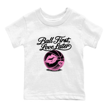 Perfect Valentine's Day Gifts graphic tee  – Sneaker Tees To Match Air Jordan 4 Pink Thunder – Ball First Kiss Later Kids Graphic T-Shirt White 2