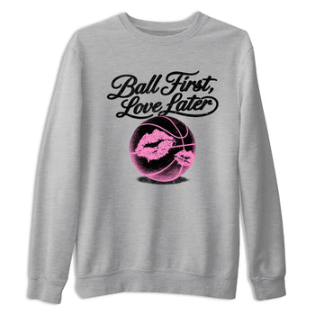 Perfect Valentine's Day Gifts graphic tee  – Sneaker Tees To Match Air Jordan 4 Pink Thunder – Ball First Kiss Later Tee Heather Grey 2