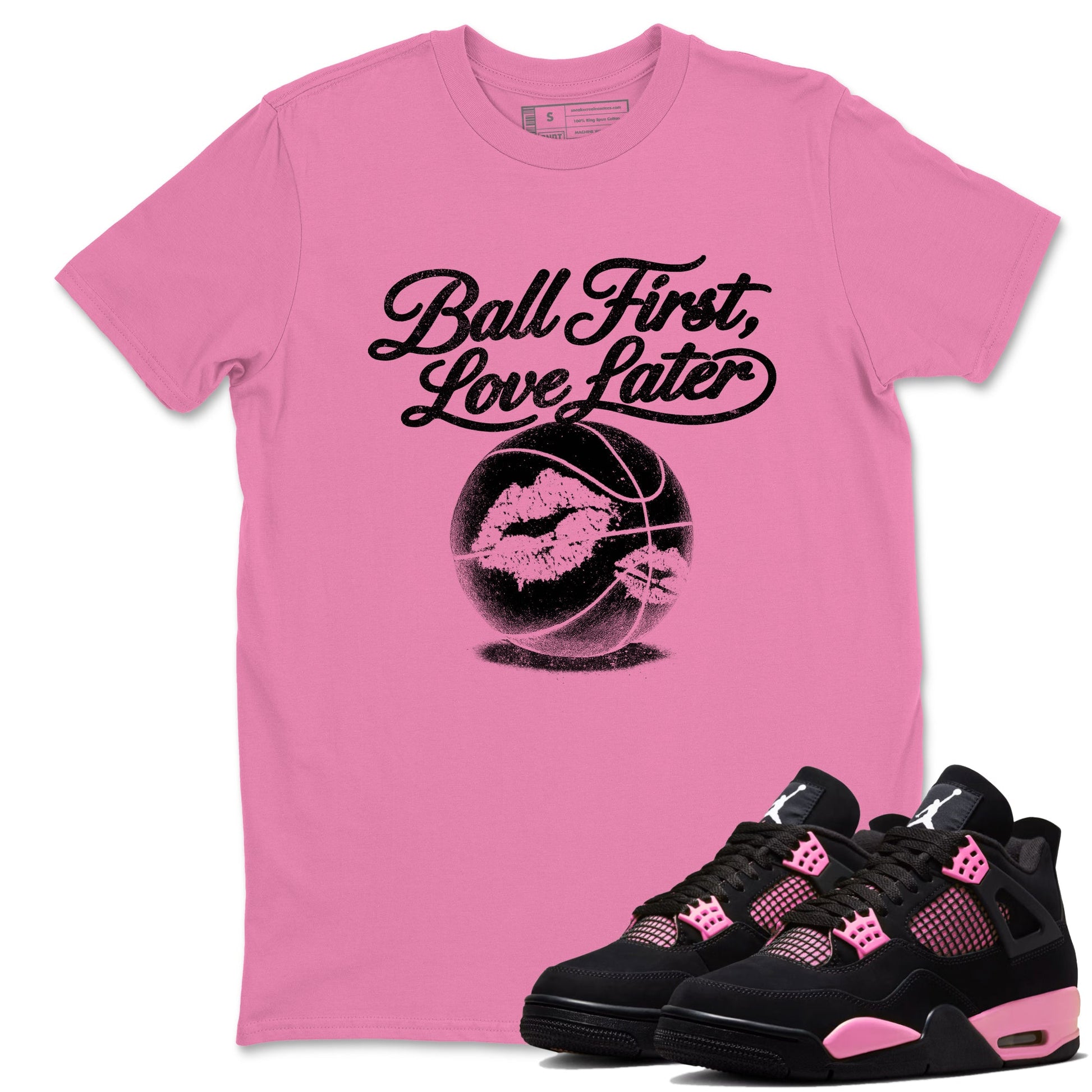 Perfect Valentine's Day Gifts graphic tee  – Sneaker Tees To Match Air Jordan 4 Pink Thunder – Ball First Kiss Later Tee Bubble Gum 1