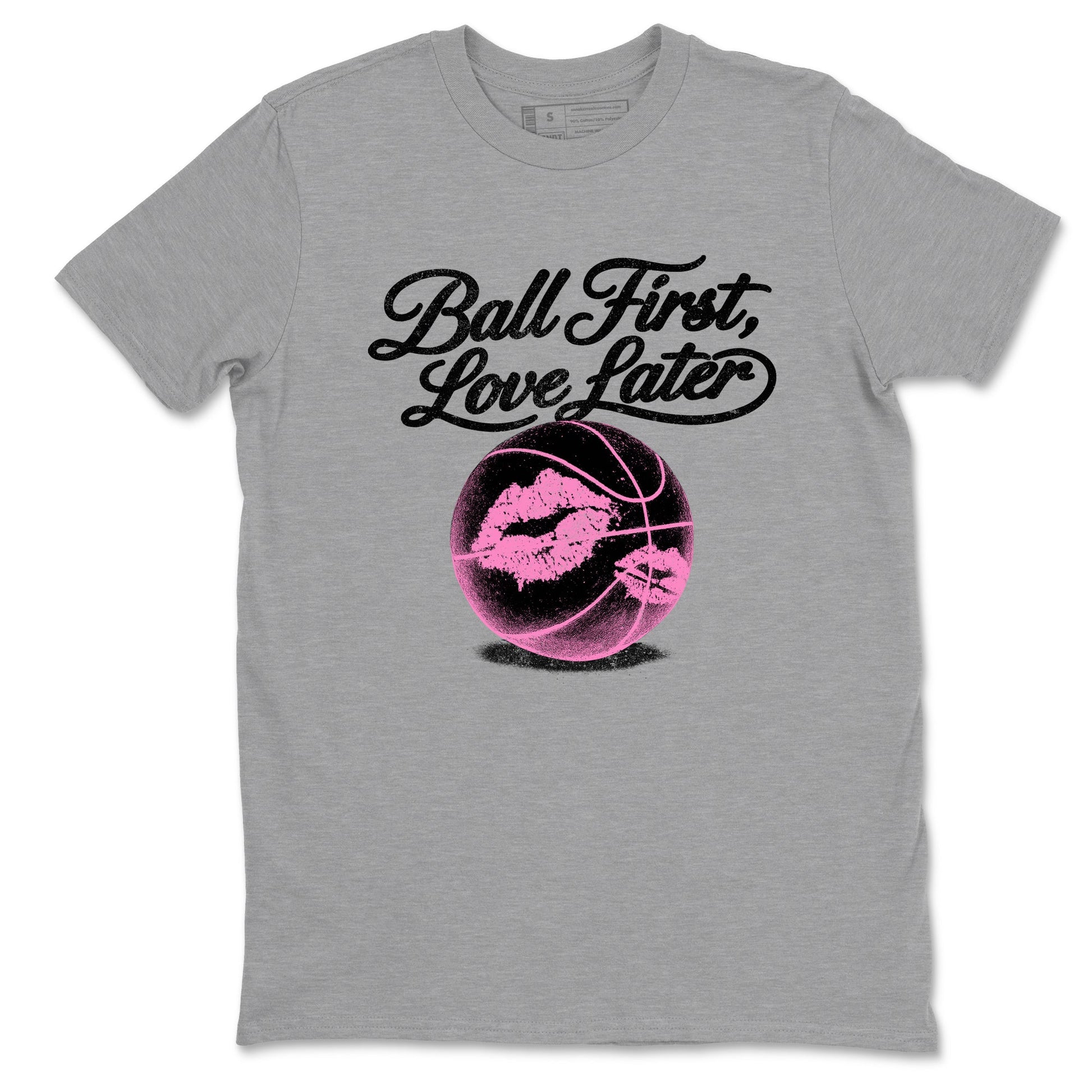 Perfect Valentine's Day Gifts graphic tee  – Sneaker Tees To Match Air Jordan 4 Pink Thunder – Ball First Kiss Later Tee Heather Grey 2
