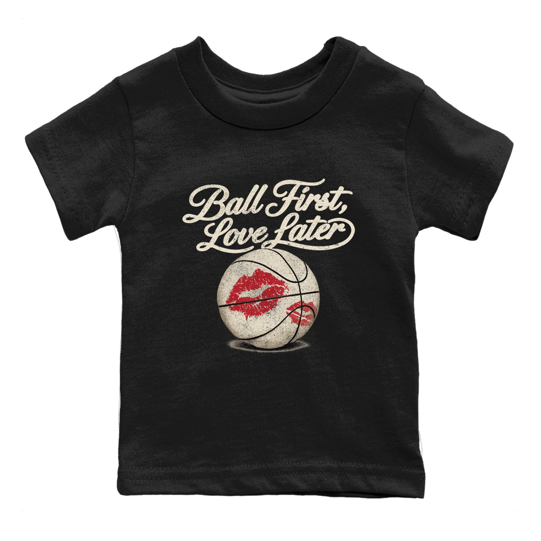 Sneaker match tees – Sneaker Tees To Match Air Jordan 4 Valentines Day Shoes – Ball First Kiss Later Kids T-Shirt Black 2
