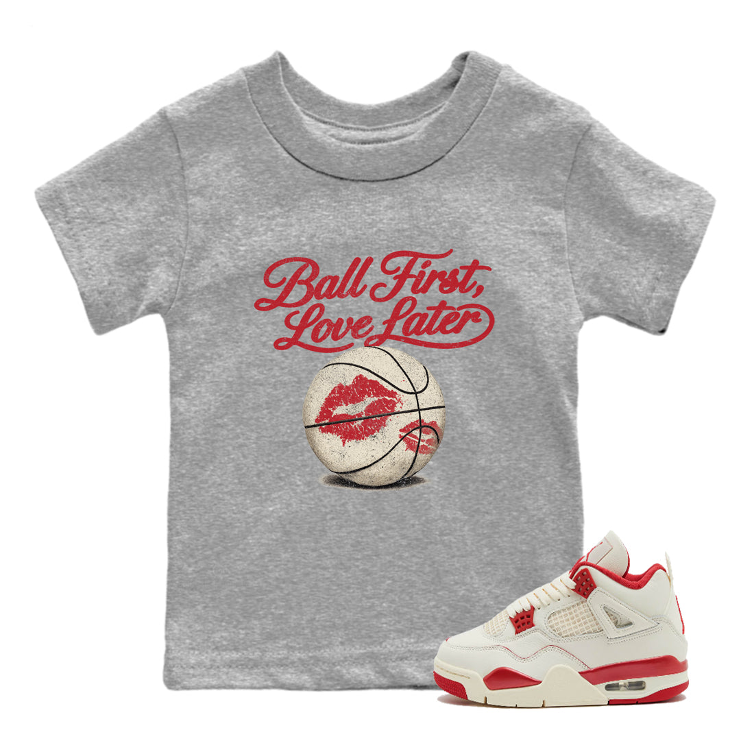 Sneaker match tees – Sneaker Tees To Match Air Jordan 4 Valentines Day Shoes – Ball First Kiss Later Kids T-Shirt Heather Grey 1