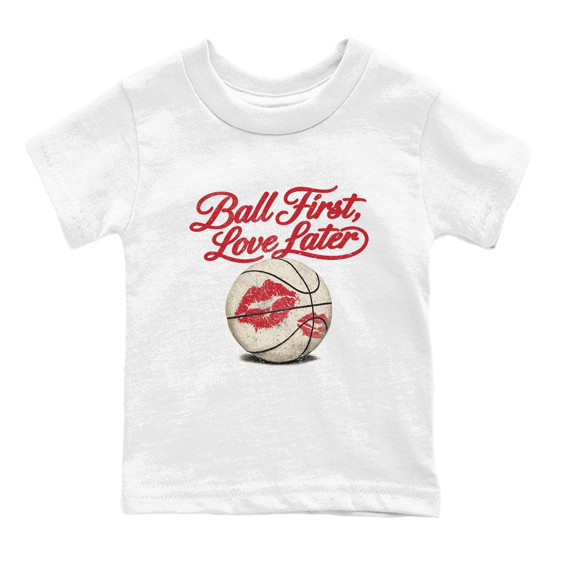 Sneaker match tees – Sneaker Tees To Match Air Jordan 4 Valentines Day Shoes – Ball First Kiss Later Kids T-Shirt White 2