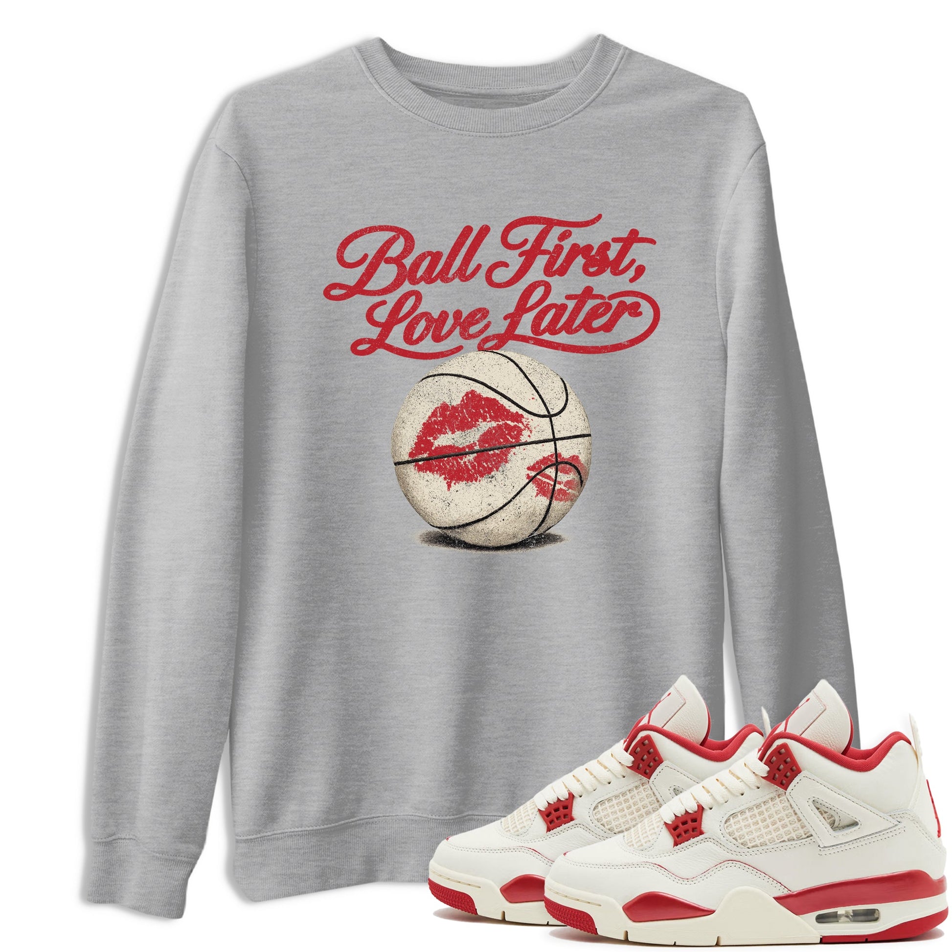 Sneaker match tees – Sneaker Tees To Match Air Jordan 4 Valentines Day Shoes – Ball First Kiss Later Tee Heather Grey 1