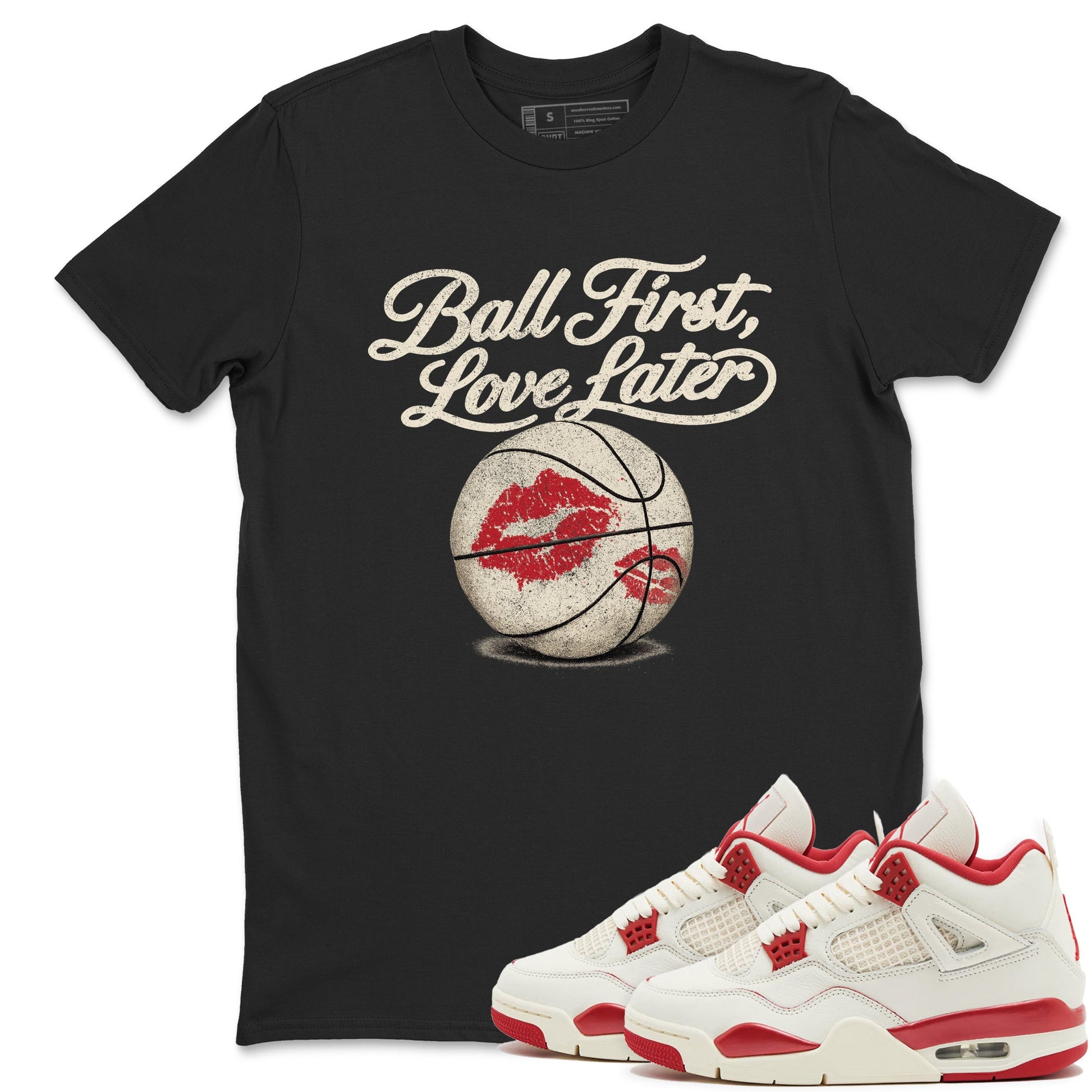Sneaker match tees – Sneaker Tees To Match Air Jordan 4 Valentines Day Shoes – Ball First Kiss Later Tee Black 1