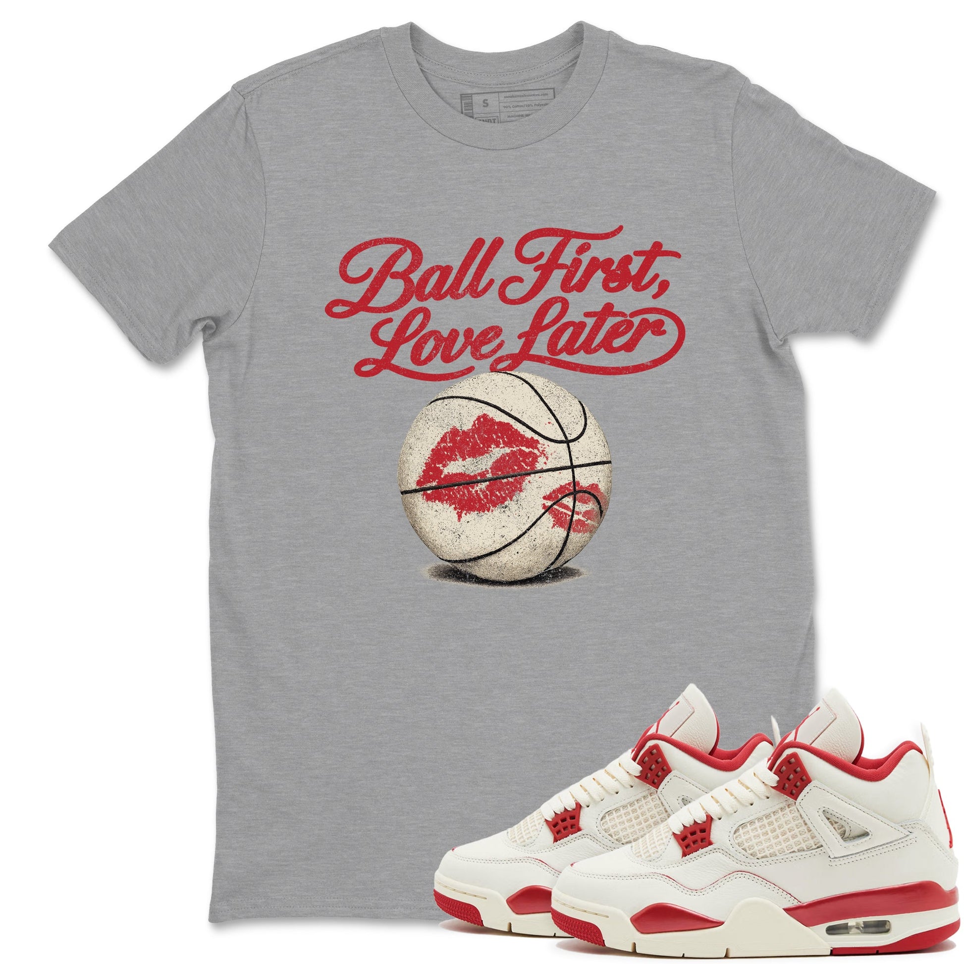 Sneaker match tees – Sneaker Tees To Match Air Jordan 4 Valentines Day Shoes – Ball First Kiss Later Tee Heather Grey 1