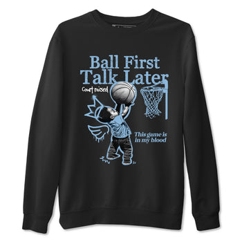 Ball First Talk Later sneaker match t-shirt styled to complete your fit with the Air Foamposite One Psychic Blue sneakers, shown in Black 2.