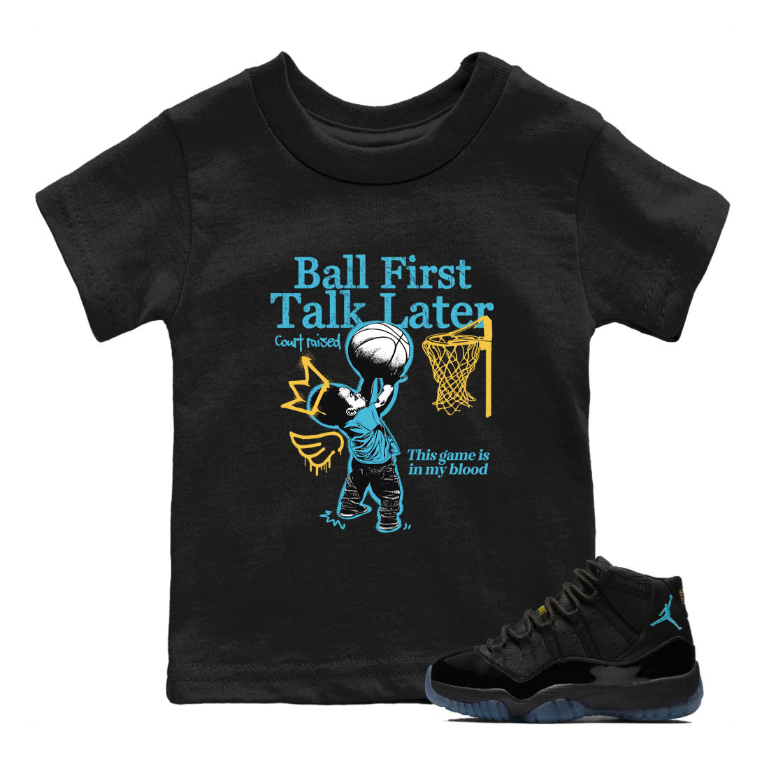 Sneaker Threads – Sneaker Tees To Match Air Jordan 11 Retro Gamma – Ball First Talk Later Youth Graphic Tee Black 1. Perfect for Jordan releases 2025 colorways.