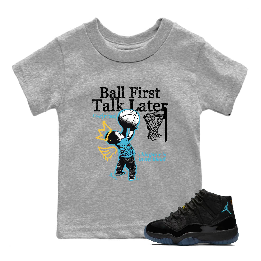 Sneaker Threads – Sneaker Tees To Match Air Jordan 11 Retro Gamma – Ball First Talk Later Youth Graphic Tee Heather Grey 1. Perfect for Jordan releases 2025 colorways.
