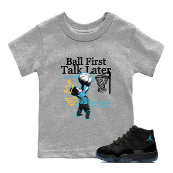 Sneaker Threads – Sneaker Tees To Match Air Jordan 11 Retro Gamma – Ball First Talk Later Youth Graphic Tee Heather Grey 1. Perfect for Jordan releases 2025 colorways.