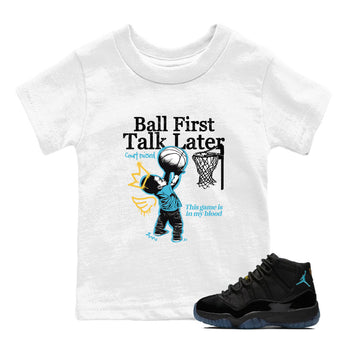 Sneaker Threads – Sneaker Tees To Match Air Jordan 11 Retro Gamma – Ball First Talk Later Youth Graphic Tee White 1. Perfect for Jordan releases 2025 colorways.