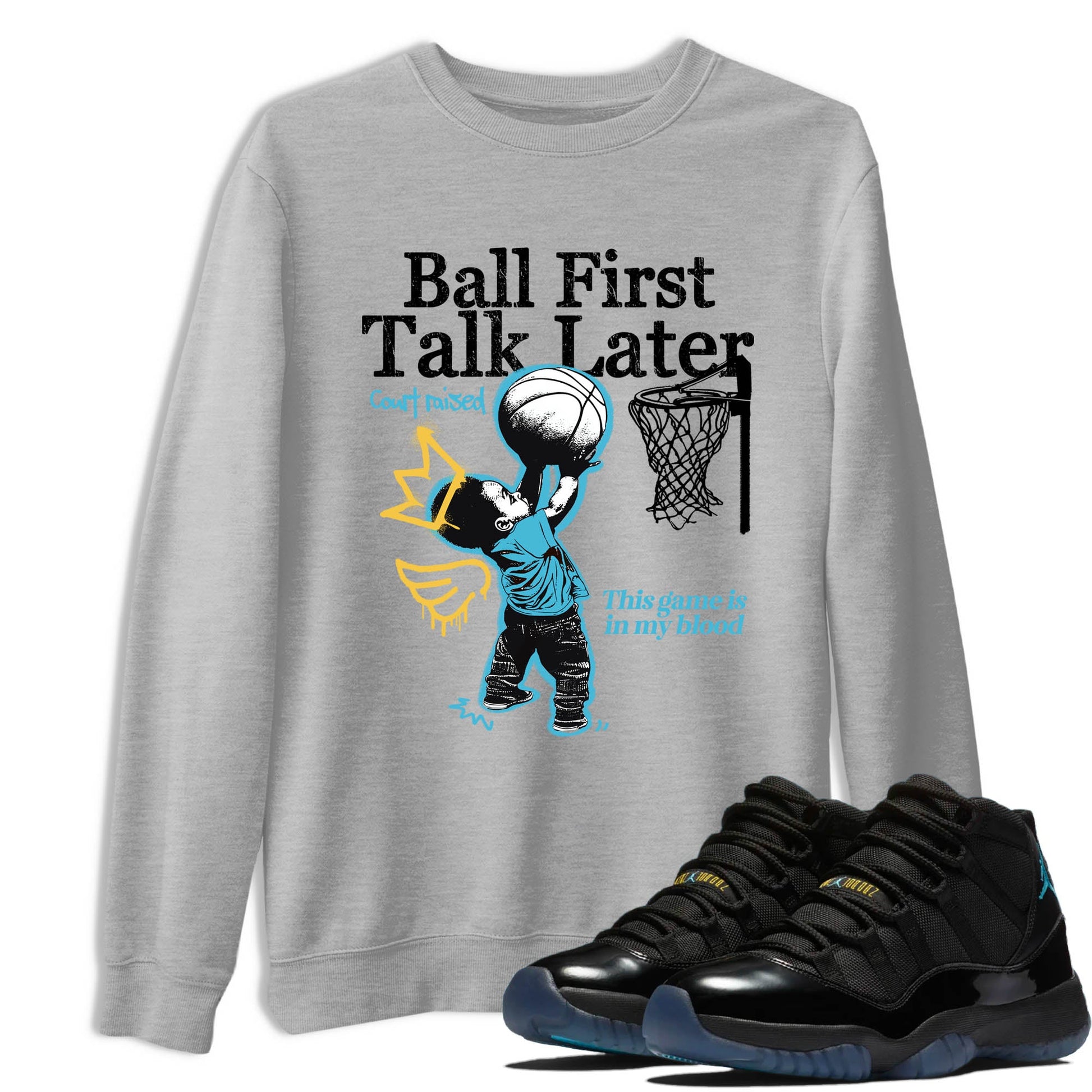 Sneaker Threads – Sneaker Tees To Match Air Jordan 11 Retro Gamma – Ball First Talk Later Graphic Tee Heather Grey 1. Perfect for Jordan releases 2025 colorways.
