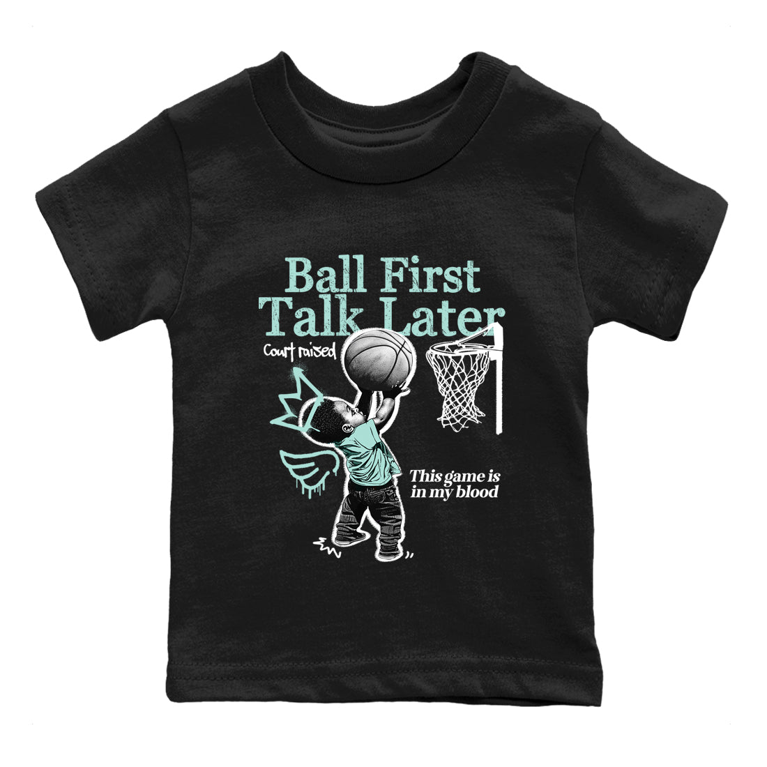 Ball First Talk Later baby and kids t-shirt crafted for little sneakerheads to shine with the Air Jordan 11 Igloo sneakers, displayed in Black 2.