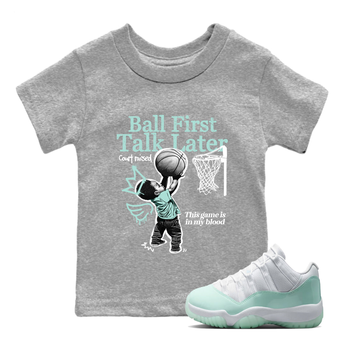 Ball First Talk Later baby and kids t-shirt crafted for little sneakerheads to shine with the Air Jordan 11 Igloo sneakers, displayed in Heather Grey 1.
