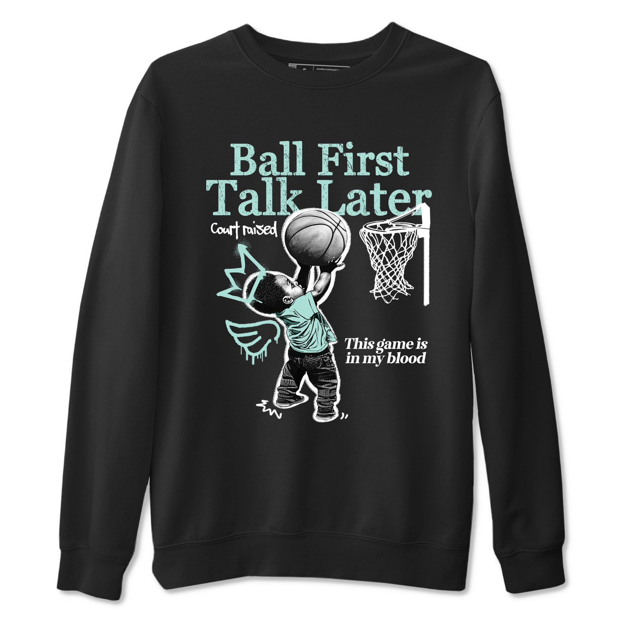 Ball First Talk Later sneaker match t-shirt styled to complete your fit with the Air Jordan 11 Igloo sneakers, shown in Black 2.