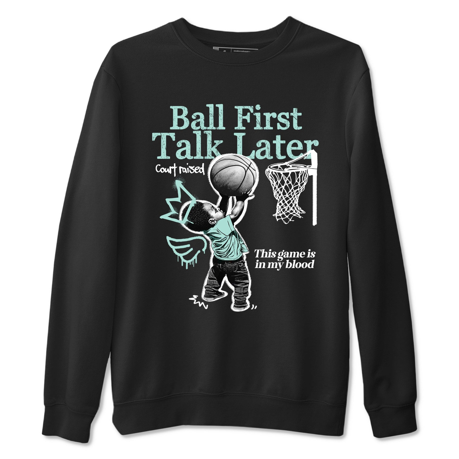 Ball First Talk Later sneaker match t-shirt styled to complete your fit with the Air Jordan 11 Igloo sneakers, shown in Black 2.