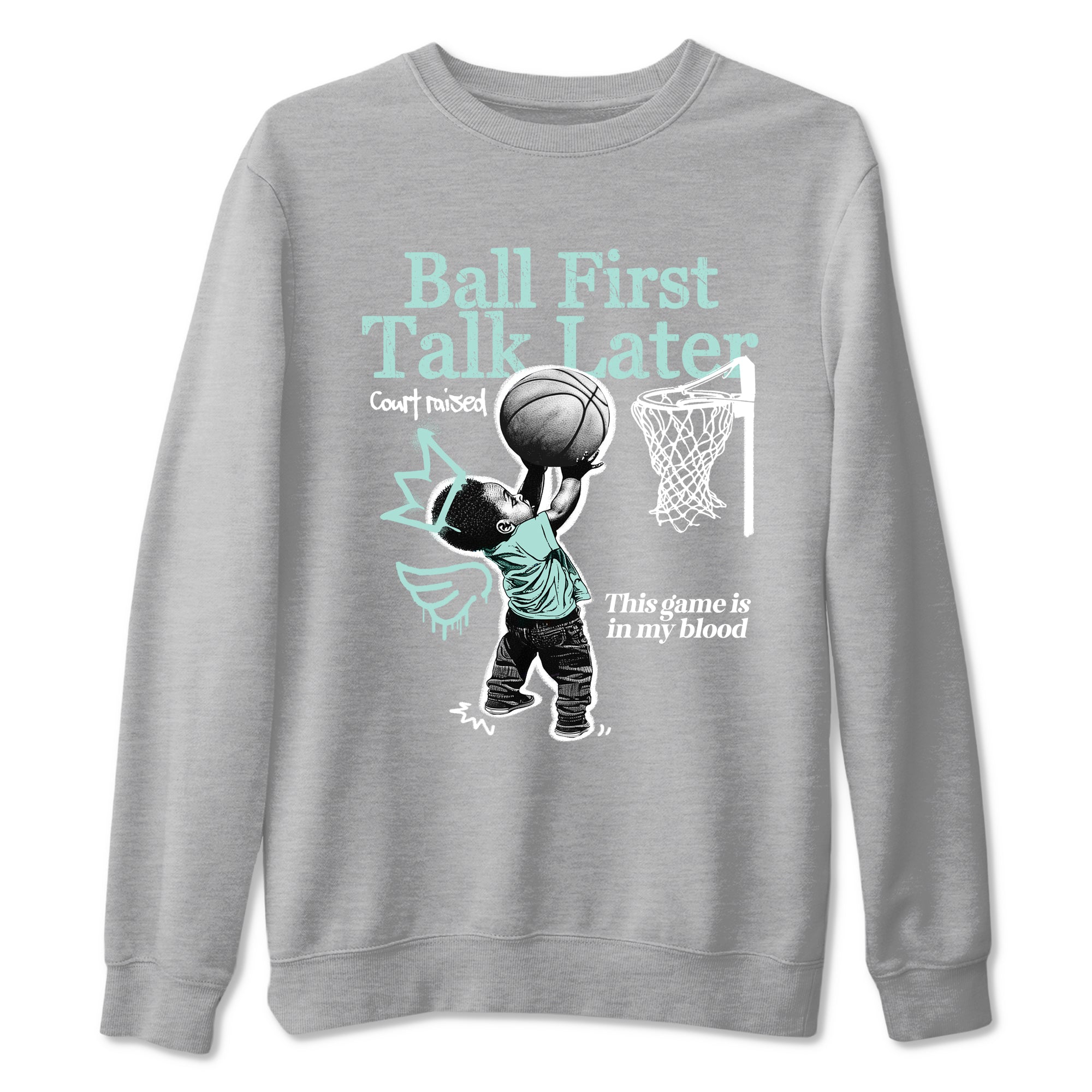 Ball First Talk Later sneaker match t-shirt styled to complete your fit with the Air Jordan 11 Igloo sneakers, shown in Heather Grey 2.