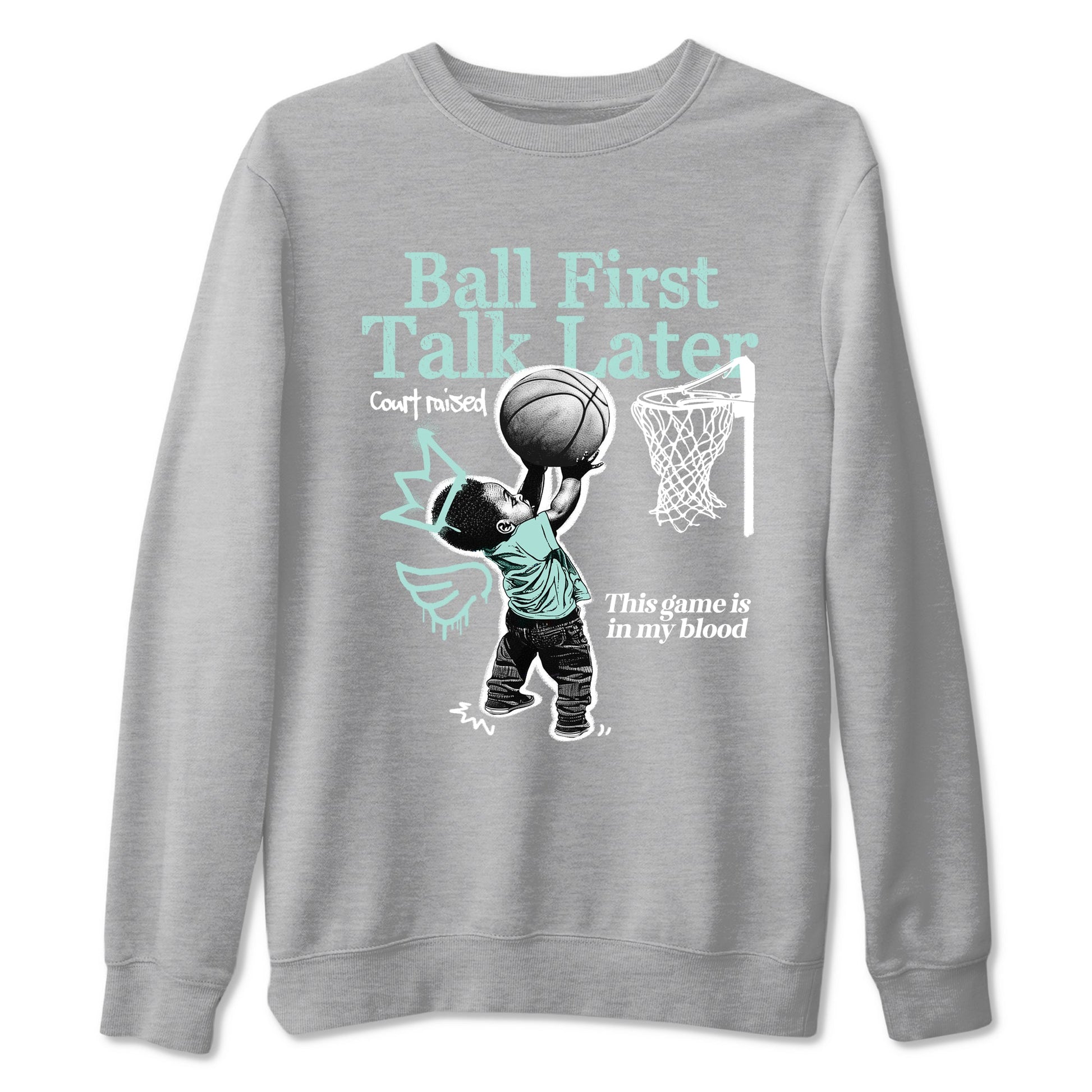 Ball First Talk Later sneaker match t-shirt styled to complete your fit with the Air Jordan 11 Igloo sneakers, shown in Heather Grey 2.
