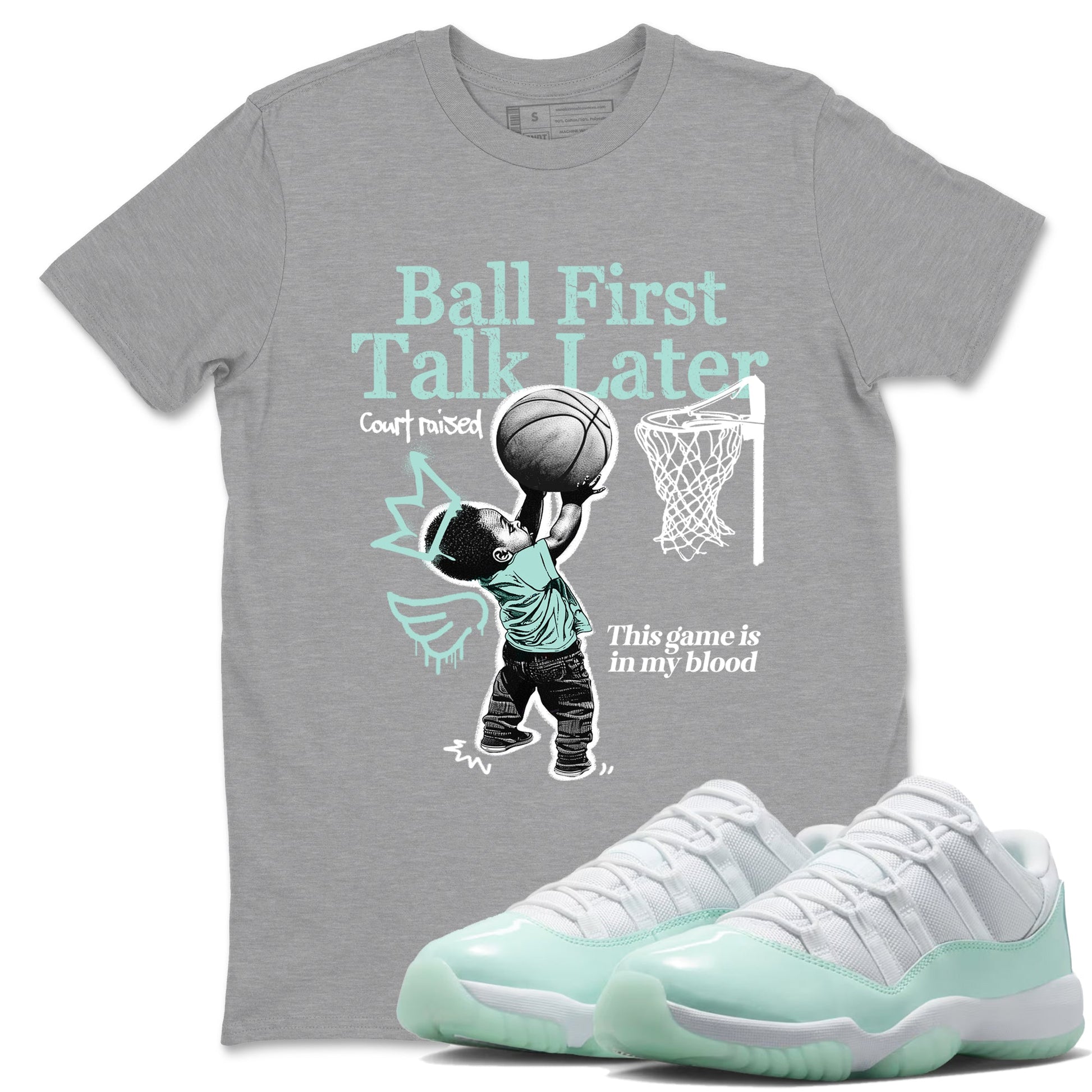 Ball First Talk Later sneaker match t-shirt styled to complete your fit with the Air Jordan 11 Igloo sneakers, shown in Heather Grey 1.