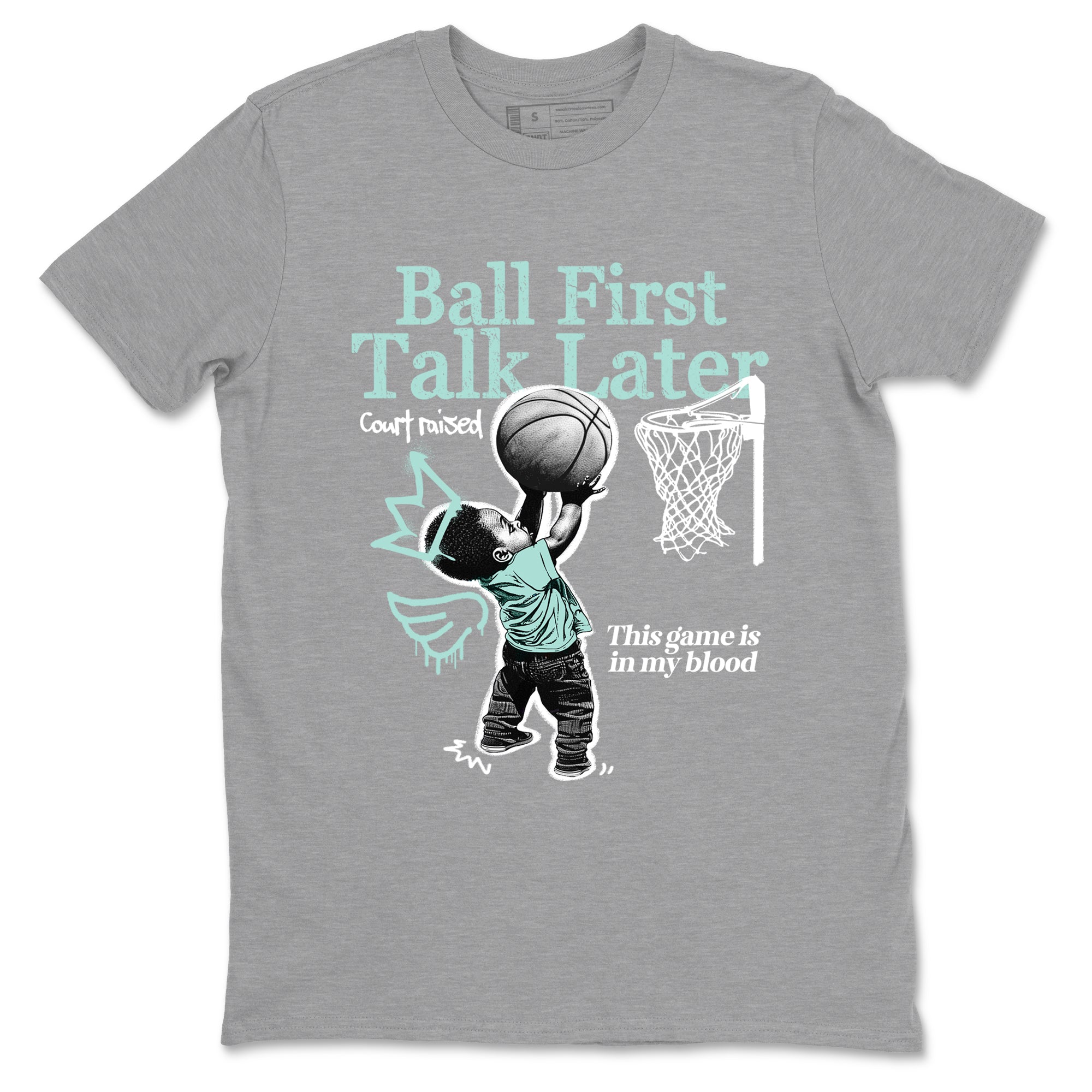 Ball First Talk Later sneaker match t-shirt styled to complete your fit with the Air Jordan 11 Igloo sneakers, shown in Heather Grey 2.