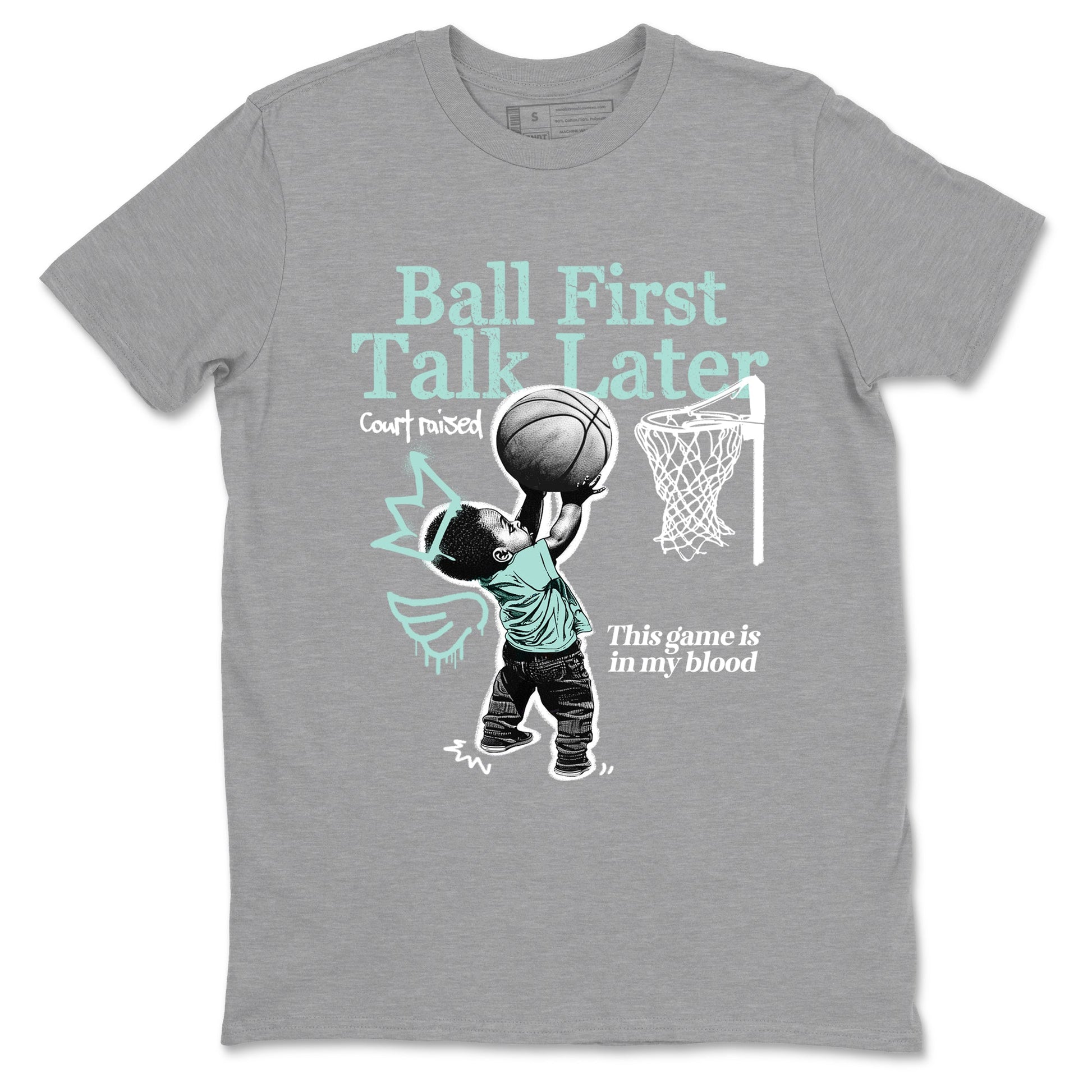 Ball First Talk Later sneaker match t-shirt styled to complete your fit with the Air Jordan 11 Igloo sneakers, shown in Heather Grey 2.