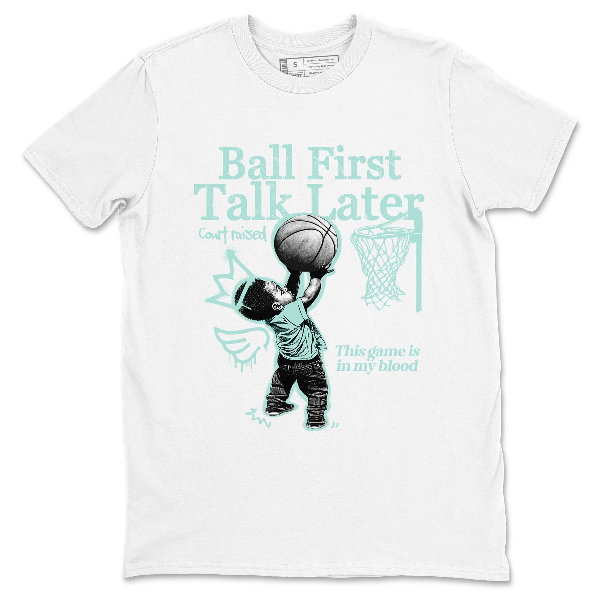 Ball First Talk Later sneaker match t-shirt styled to complete your fit with the Air Jordan 11 Igloo sneakers, shown in White 2.