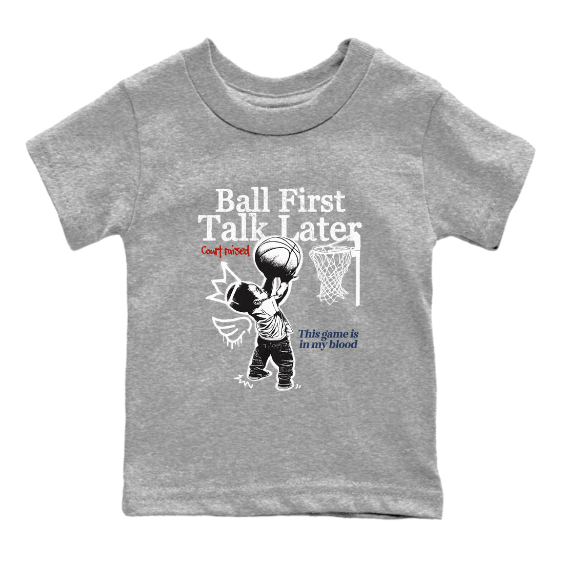 Sneaker match tees – Sneaker Tees To Match Air Jordan 11 Rare Air Shoes – Ball First Talk Later Kids T-Shirt Heather Grey 2
