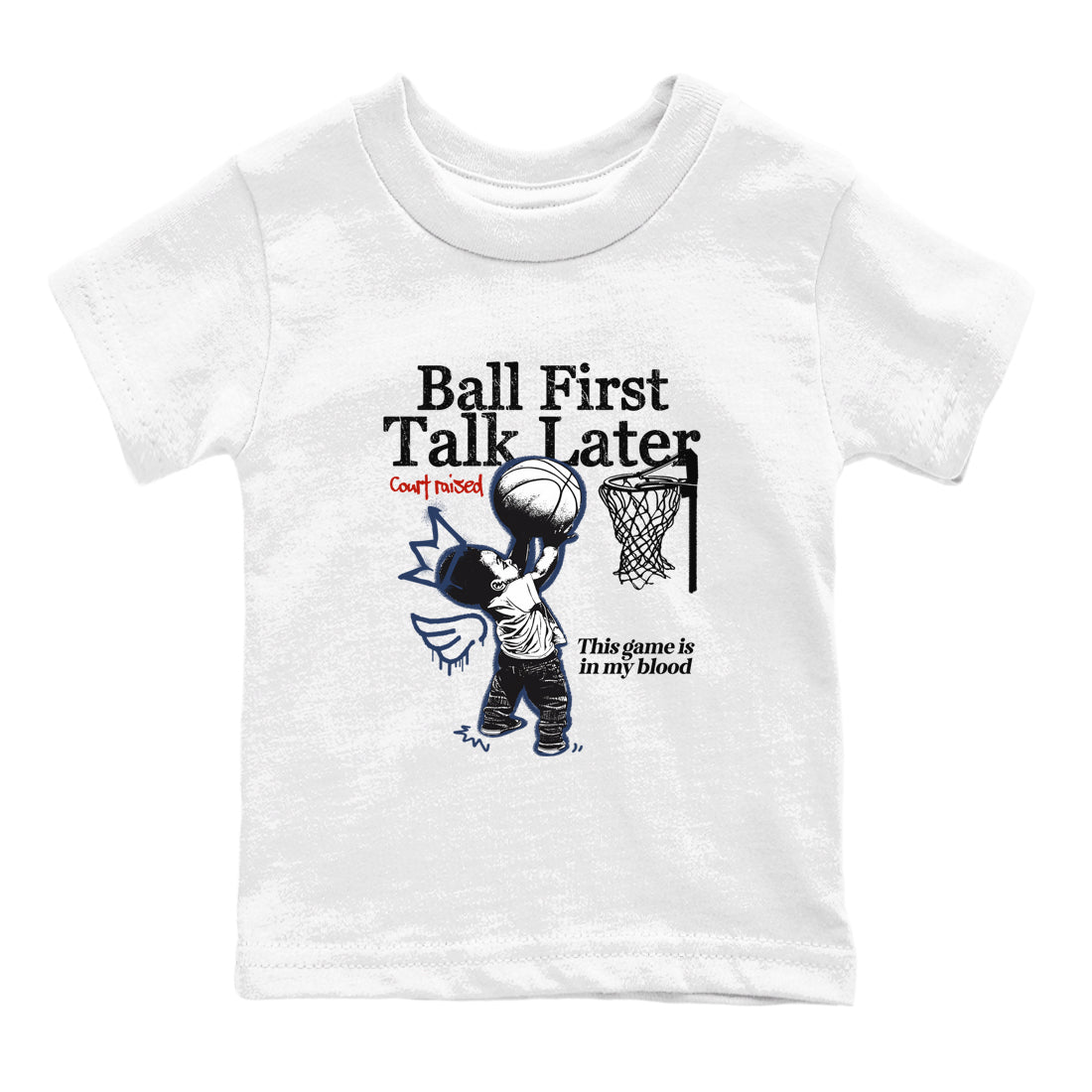 Sneaker match tees – Sneaker Tees To Match Air Jordan 11 Rare Air Shoes – Ball First Talk Later Kids T-Shirt White 2