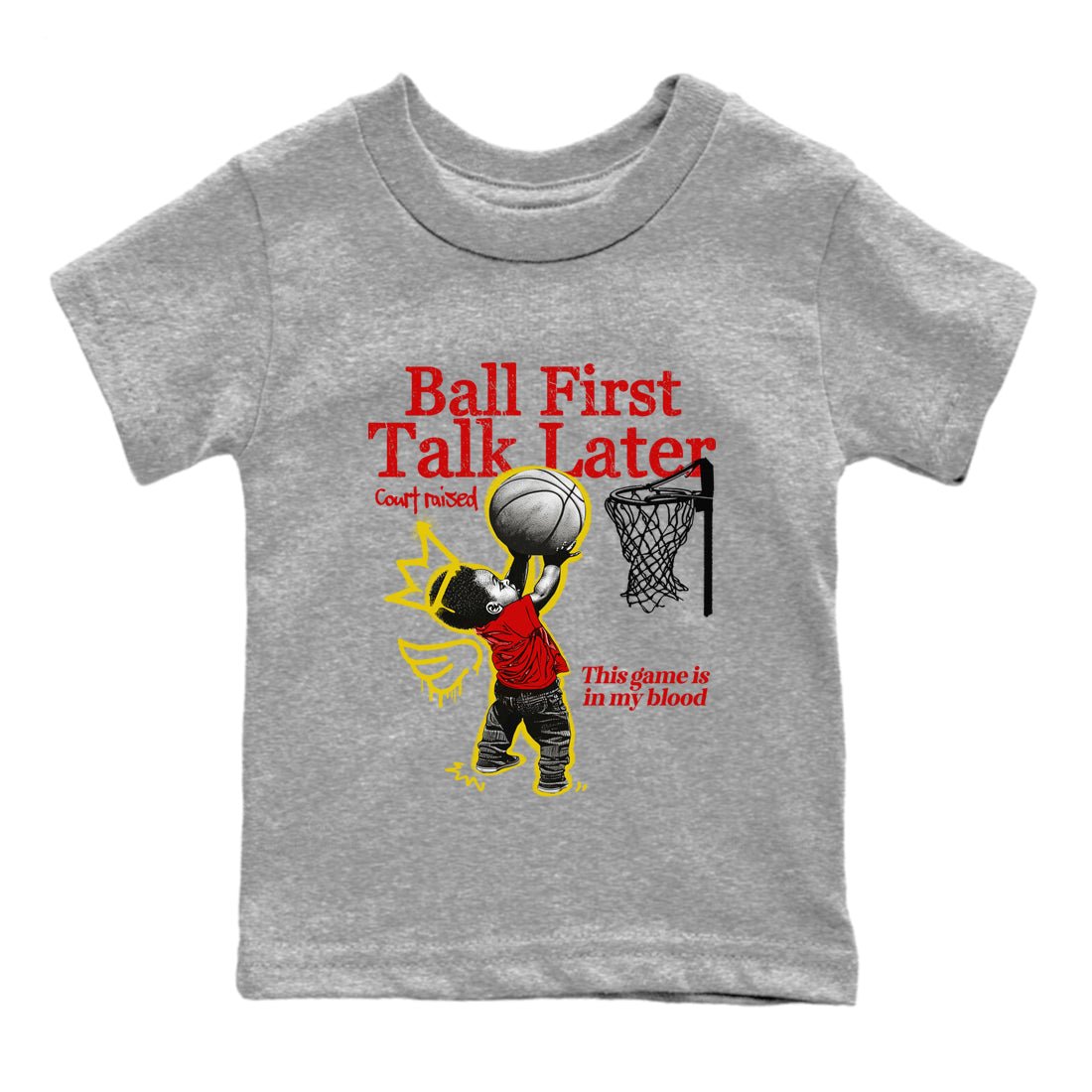 Ball First Talk Later baby and kids t-shirt crafted for little sneakerheads to shine with the Air Jordan 14 Challenge Red sneakers, AJ14 Ferrari,  displayed in Heather Grey 2.