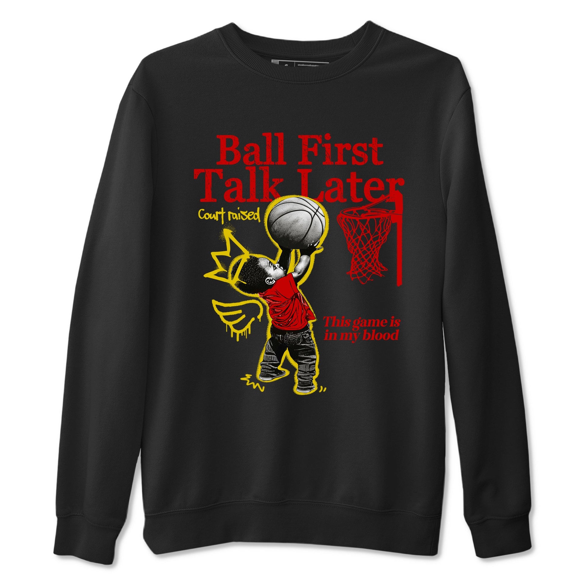 Ball First Talk Later sneaker match t-shirt styled to complete your fit with the Air Jordan 14 Challenge Red sneakers, AJ14 Ferrari,  shown in Black 2.